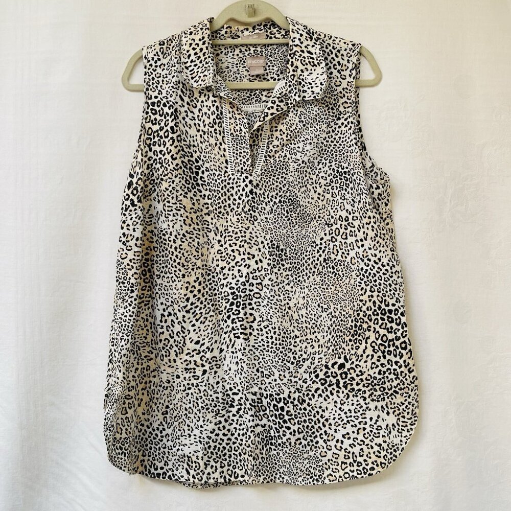 Chicos Linen Blouse Women 12 14 Animal Print Sleeveless Beach Casual Party